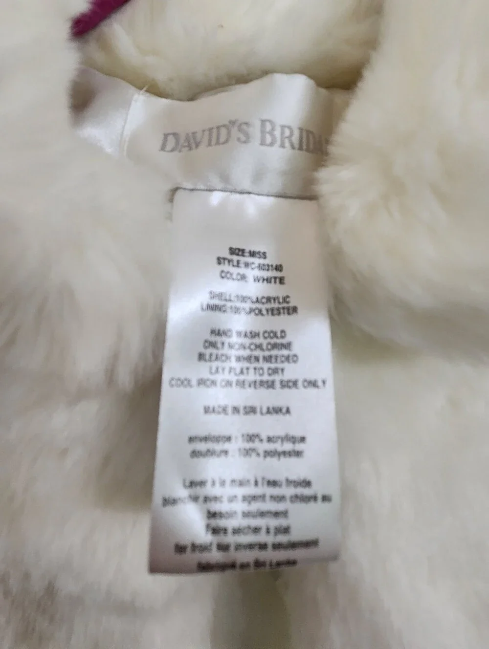 David's Bridal Fuax Fur Miss White Cape With Hook NWT - Picture 3 of 7